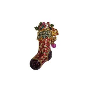 Miriam Haskell Christmas Stocking Enamel Gold-Tone Dangle Brooch/Pin Pendant